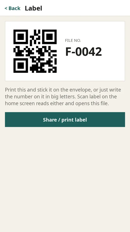 A printable label with a QR code and the file number F-0042