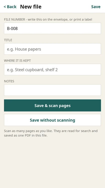 New file form with file number, title, location, notes and a Save & scan pages button