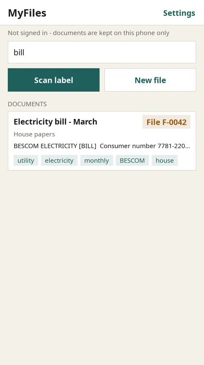 Search for 'bill' finds an electricity bill in file F-0042, with the matching words highlighted