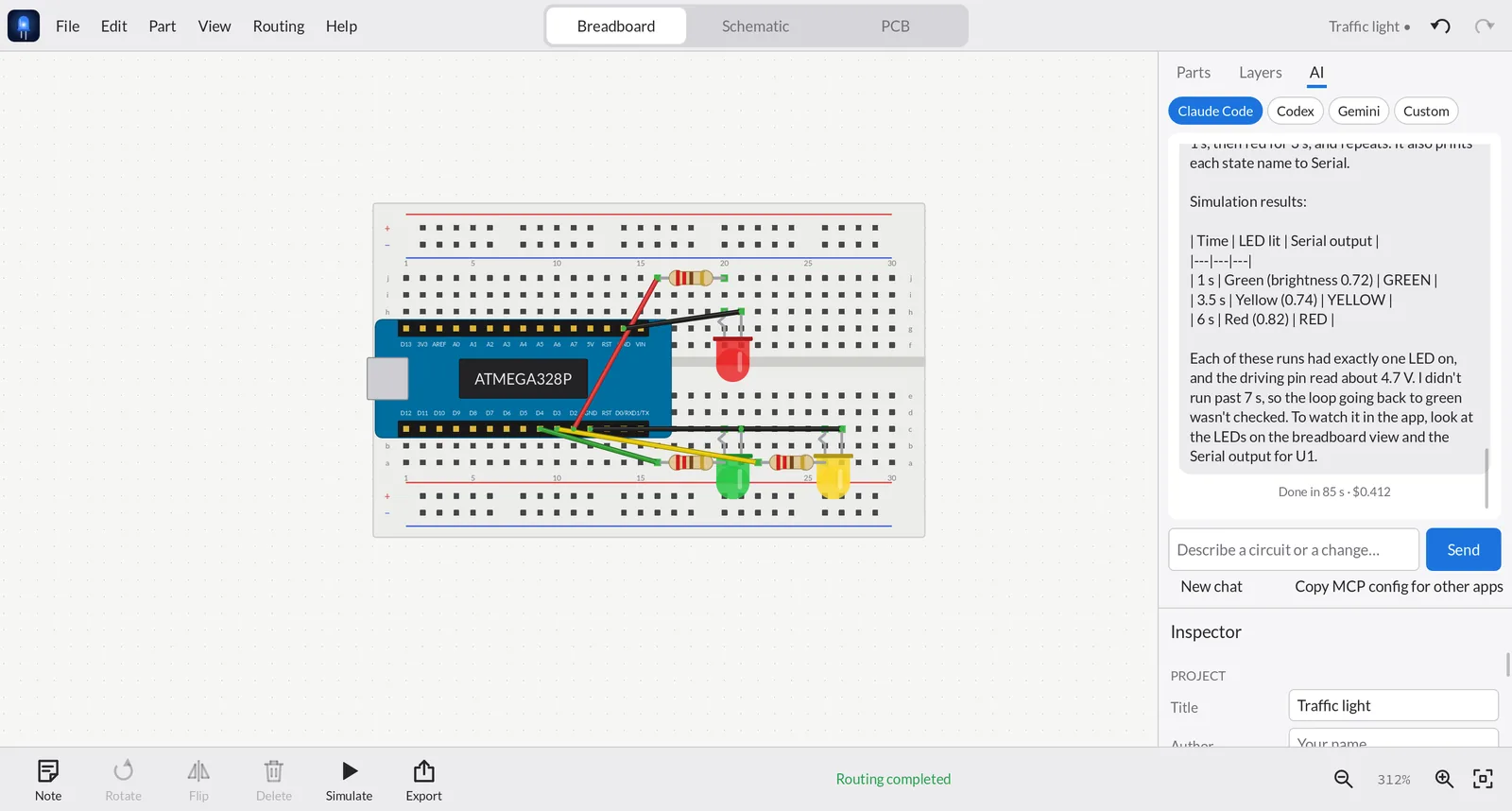 The AI tab: Claude Code built a traffic light with an Arduino Nano and reports its simulation results