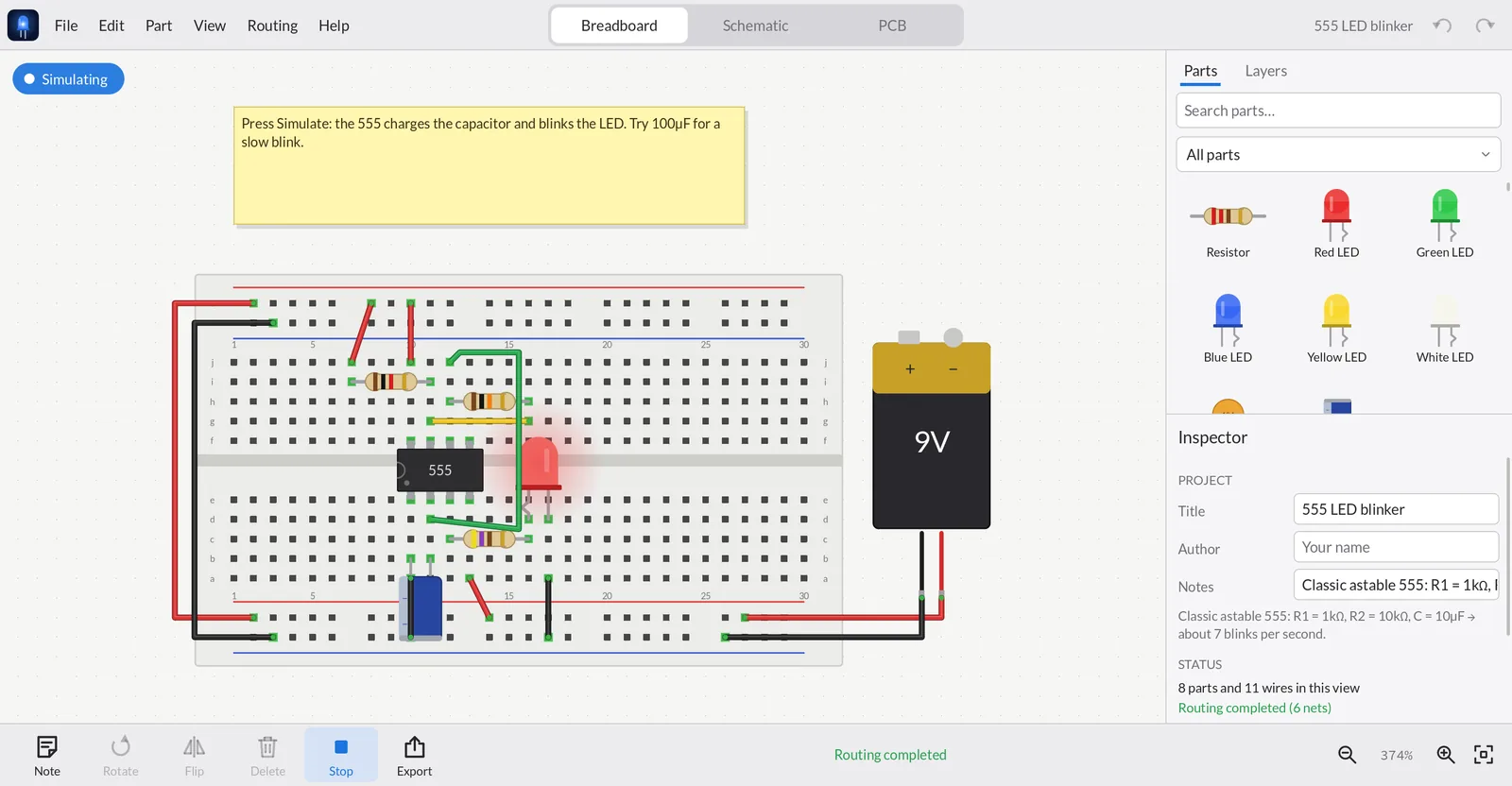A 555 timer blinker on a virtual breadboard with the simulator running; the red LED is lit