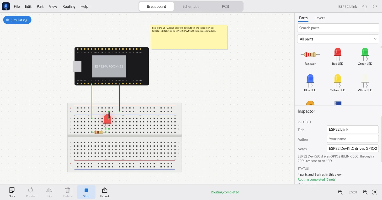 ESP32 blinking an LED in simulation