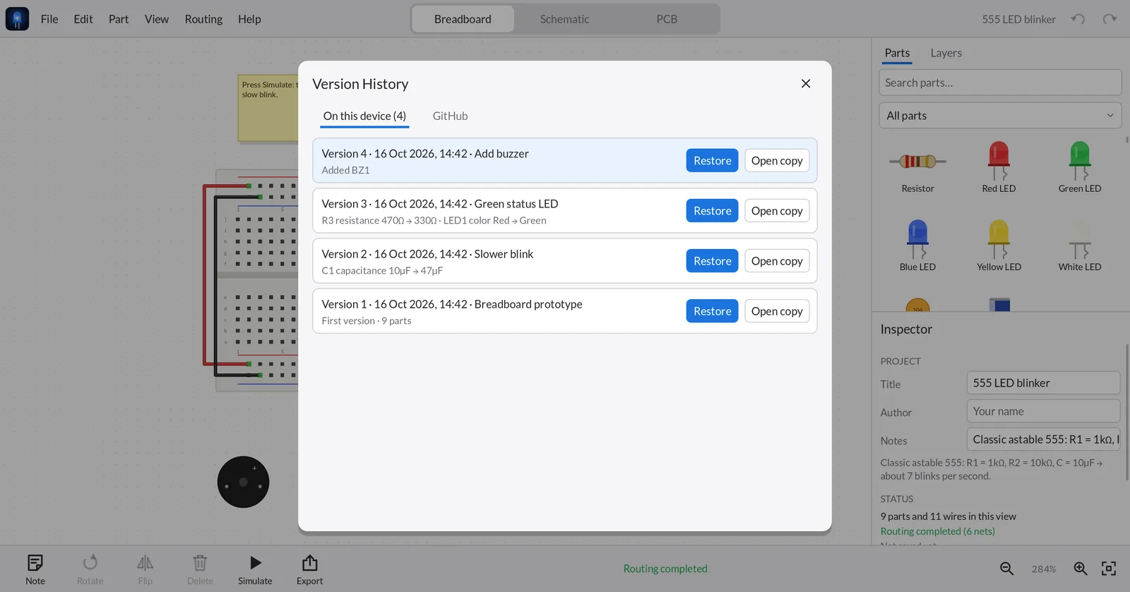 Version History window