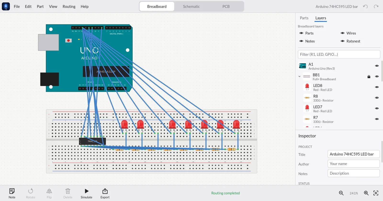 Layers panel with a locked breadboard and nested parts