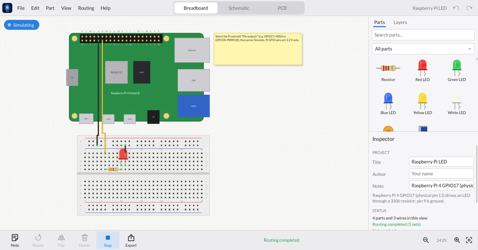 Raspberry Pi 4 wired to an LED on a breadboard